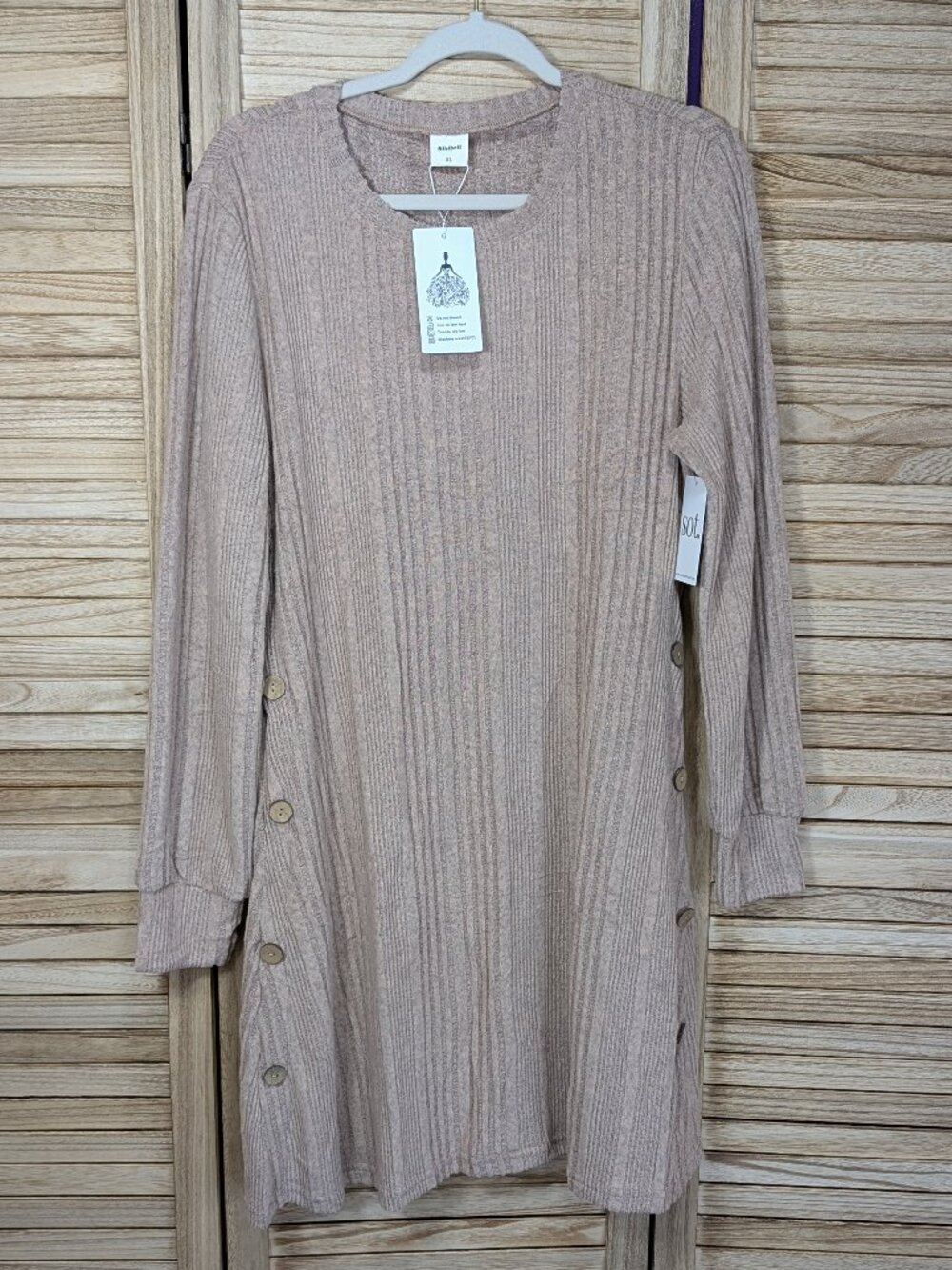 Kikibell Soft Ribbed Long Sleeve Tunic Dress in Dusty Blush/Tan Size XL